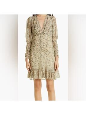 New ~ ANTHROPOLOGIE , ~ BY TIMO ~ Print V-Neck Long Sleeve Georgette Dress S